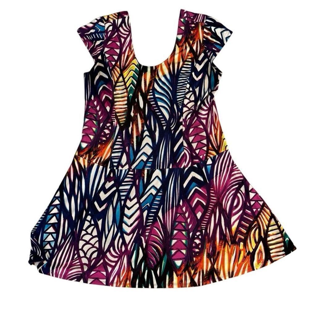 Ambar Vibrant Multicolor Abstract Casual Scoop Neck Dress L